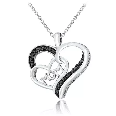 Sterling Silver 1/8ct Black Diamond MOM Double Heart Necklace • $27.99