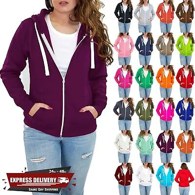 Womens Plain Hoody Ladies Hooded Sweatshirt Girls Zip Jacket Top Plus Size • £4.75