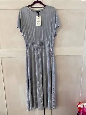 ZARA BNWT Silver Plisse Pleated Maxi Dress Size L • £19.99