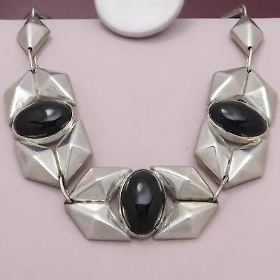 Vintage 1940s Early Mexican Onyx Sterling Silver Mexico Necklace  • £284.51