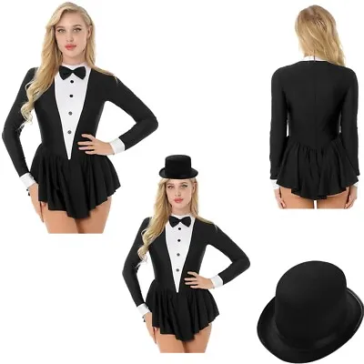 Womens Costume Ruffle Dress Masquerade Leotard With Hat Tuxedo 2pcs Skirt Dance • $7.59