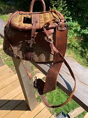 VINTAGE WICKER &  LEATHER TROUT FISHING CREEL  Complete • $89.99