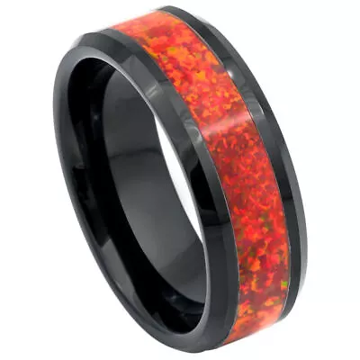 Tungsten Ring Band Black IP Plated Synthetic Red Fire Opal For Men & Women • $35.40