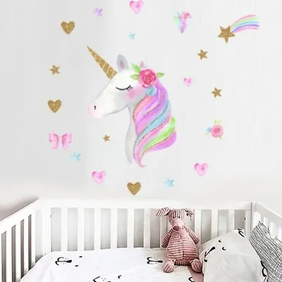 Magical Unicorn Horse Rainbow Hearts Wall Stickers Girls Room Decal • £4.97