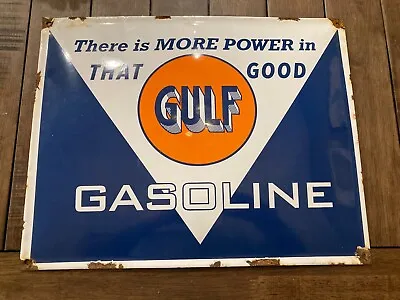 Vintage There’s More Power In That Good Gulf Gasoline Porcelain Sign • $64.99