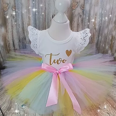 Girls 2nd Birthday Rainbow Baby Outfit Party Dress Tutu Cake Smash Pastel Bow  • £24.99