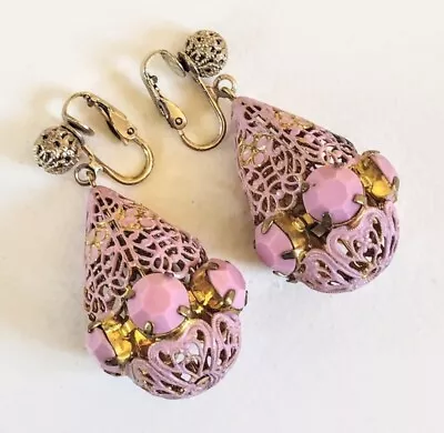 Vintage 60's Unique Pink Milk Glass Rhinestone Filigree Dangle Earrings Rare • $25