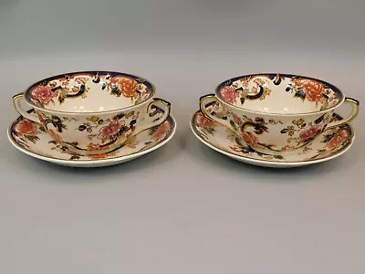 Two Masons Blue Mandalay Two Handled Soup Coupes And Saucers. • £29.99