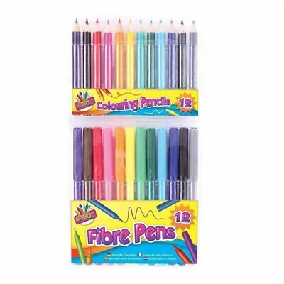24pc Fibre Pens Half Size Pencils Set Children's Stationery Essentials New • £3.20