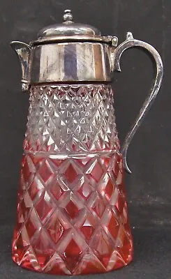 VINTAGE Cranberry Cut To Clear Glass Syrup Pitcher Silverplate Lid & Handle 5.5  • $35.96