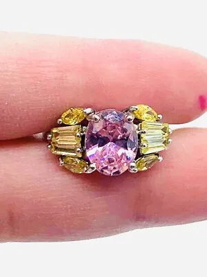 Vtg 925 Sterling Silver Hot Pink Yellow Glass Rhinestone Statement Ring Sz. 6.75 • $29.75