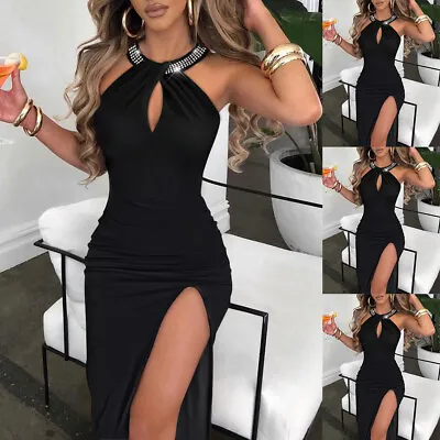 Womens Sexy Halter Neck Hollow Out Split Dress Cocktail Party Night Club Bodycon • £12.69