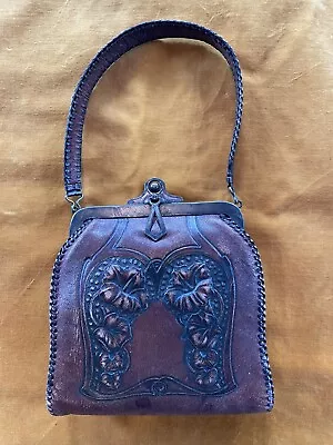 Vintage 1930s Hand Tooled Leather Handbag Purse Western Floral Art Deco • $49