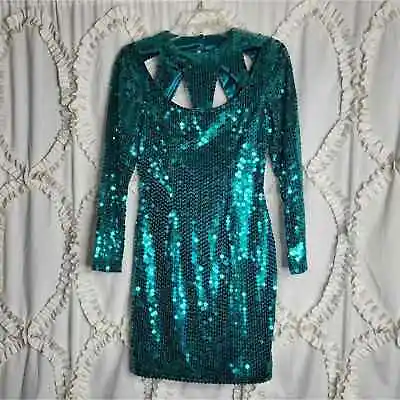 Vintage Turquoise Blue Green Cutout Sequin Mini Dress Size 4 • $55