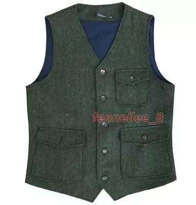 American Retro Tooling Vest Tweed Herringbone Multi-Pocket Waistcoat Sleeveless • $48.65