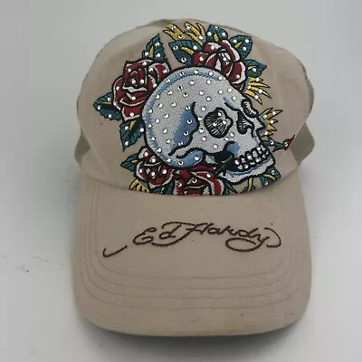 Don Ed Hardy Beige Tan Snapback Cap Trucker Hat Embroidered Skull Rhinestones • $29.95