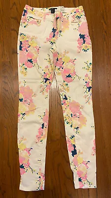 H&M Women's Skinny Jeans Pants Floral Print White Pink Flowers Size 8 • $12.99