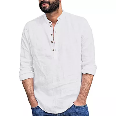 Mens Linen Long Sleeve Shirt Collarless Casual Loose Plain Button Down Tops Tee • $21.79