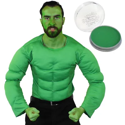 Mens Green Muscle Chest Top And Face Paint Superhero Movie Fancy Dress Costume  • £19.99