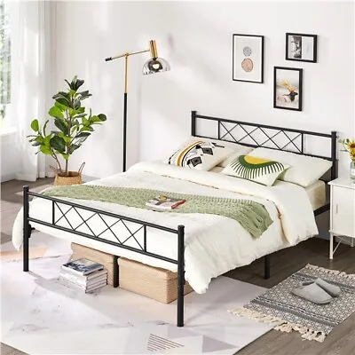 Double Bed Frame Metal Slatted Bed Base Solid Mattress Foundation With Headboard • £69.99