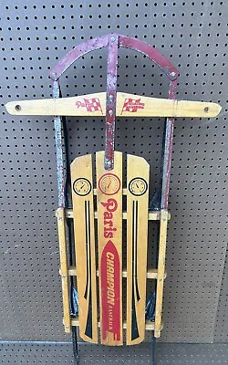 Vintage 46” PARIS CHAMPION Wooden Snow Sled Metal Runners USE CABIN DECOR • $57