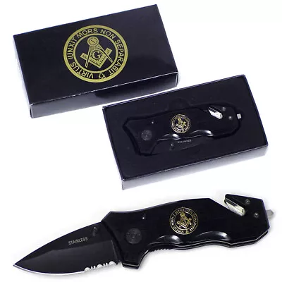 Freemason Mason Folding Black Pocket Knife W/ Seat Belt/Rope Cutter Masonic Seal • $16.84