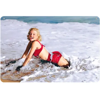 Marilyn Monroe Pinup Metal Sign 12 X8  Smiling In The Ocean Red Bikini Reprint • $13.50