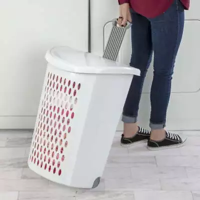 Wheeled Plastic Laundry Hamper Rolling Large Load Storage Basket With Lid White • $21.47