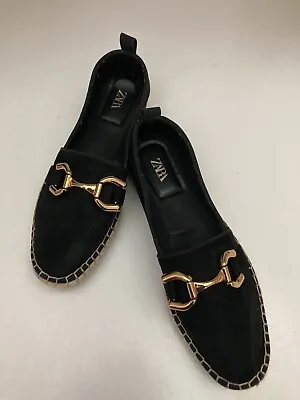 Zara Black Suede & Jute Espadrille Loafers Size 41 (US 9.5) Slip Ons • $30