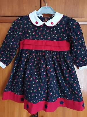 Baby Girl Vintage Floral Dress Age 12 Months Retro Roses Red Navy Blue Christmas • £10