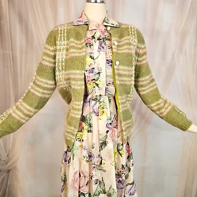 Vintage 1960's Cardigan Sweater Spring Green Pink Mohair Wool Plaid Knit  • $66