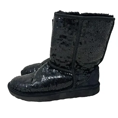 Ugg Boots Black Shoes Short Sparkles Sequin Sherpa Lined 3161 Womens Size 6 • $25.99