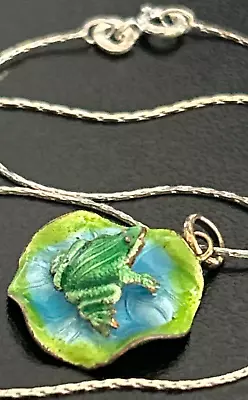 Vintage Enamel Sterling 925 Silver Frog On Lily Pendant Necklace • $40