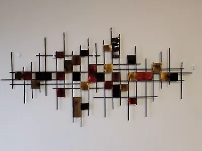 MCM-Style Metal Brutalist Wall Art SCULPTURE Geometric Abstract Torch Cut 48x23 • $185