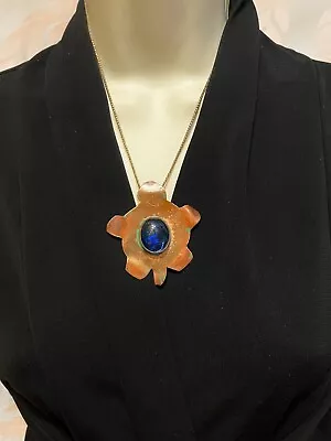 Copper Turtle Pendant With Big Blue Cabochon Glass Bead 2 1/2  No Chain • $25