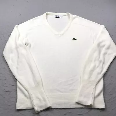 VINTAGE Izod Lacoste Sweater Mens Large White V Neck Orlon Acrylic Jumper 80s • $34.99