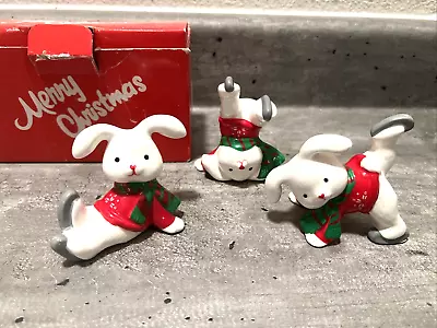 VTG Mervyns Ceramic Christmas Tumbling Bunny Rabbit Set Ice Skating Scarf Japan • $14.99