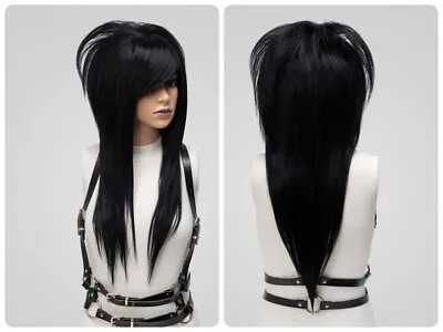 Black Emo Scene Cosplay Wig Commission Long Hair Styled Glueless Wig With Bangs • $174.31