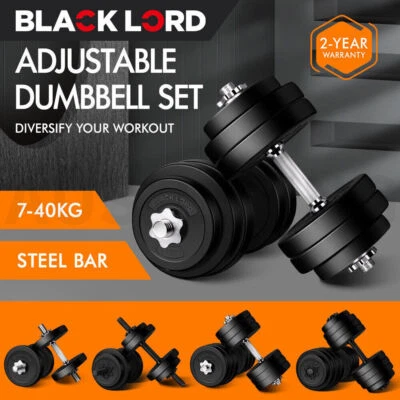 $59.85 • Buy BLACK LORD 7-40kg Adjustable Dumbbell Set Rubber Weight Plates Lifting Bench