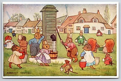 The Village Pump Margaret Tempest Bunnies Hedgehogs Medici Society Postcard • $5.95