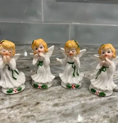 Enesco Christmas Angels Porcelain Holly Set Of 4 Vintage 1979 • $38