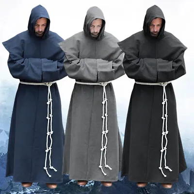 Men Halloween Medieval Retro Priest Monk Long Sleeve Hooded Robe Cosplay Costume • $39.22