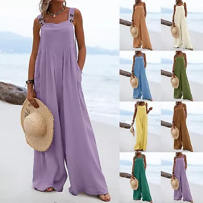 Women's Casual Pocket Romper Strap Solid Playsuit Button Long Jumpsuit • $38.99