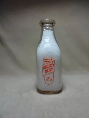 Lindsays Dairy Lincoln Maine ME Color Pyro Quart Milk Bottle Tel 52-14 • $55