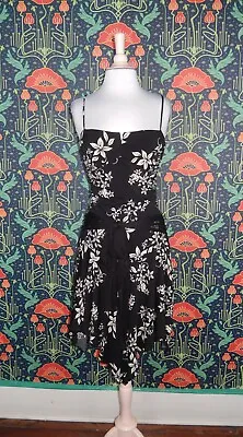 Vintage 90's Y2K Black White Floral Asymmetrical Fairycore Pointy Hem Slip Dress • $37.49
