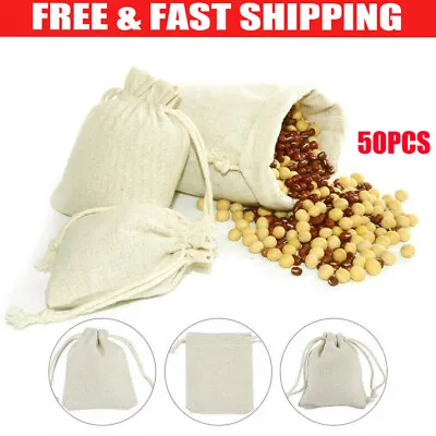 50Pcs Mini Gift Bags Cotton Linen Drawstring Bags Candy Favour Bags Gift Pouch • £9.17