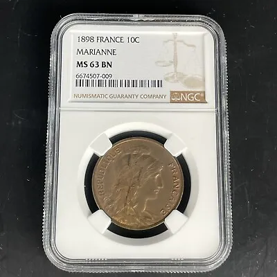 NGC Graded France 1898 10 Centimes Marianne MS 63 BN MS63 Uncirculated Coin • £79