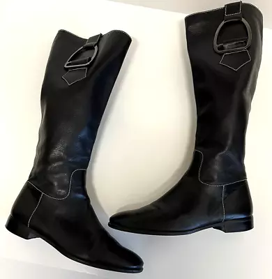 JAIME MASCARO Riding Boots Black Brown Leather Size 38/7 -7.5 US Women's • £62.51