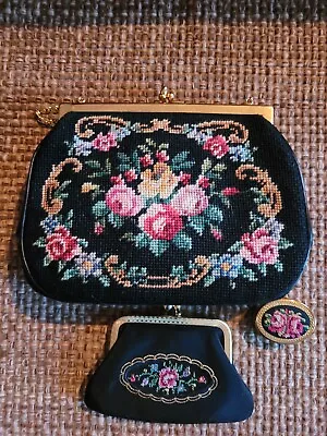 Vintage Handbag Floral Embroidered Needlepoint Purse Change Purse Pill Box • $25