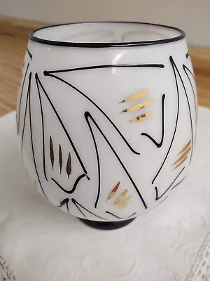 Vtg. MCM White Glass Fish Bowl Footed Vase W/raised Black And Gold Design. • $60
